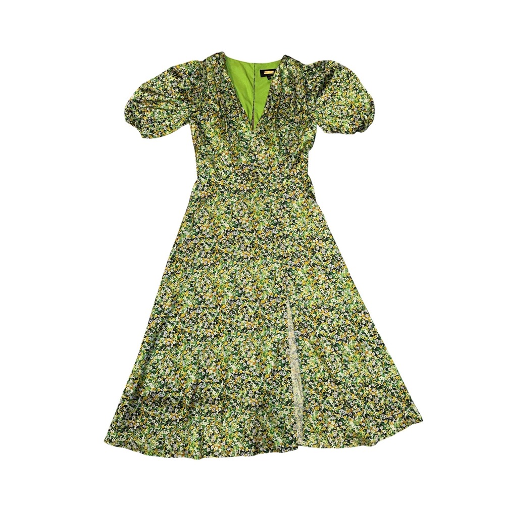 Alexia Admor Floral Midi Dress Womens 2 Green Puff Sleeve‎ V-Neck Slit
